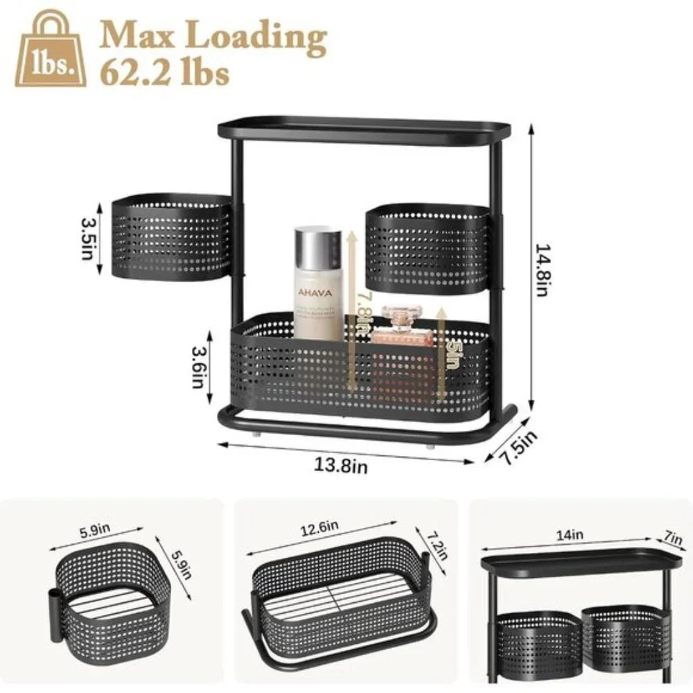 3-Tier Rotating Bathroom Organizer, Black Vanity & Kitchen Counter Storage Rack